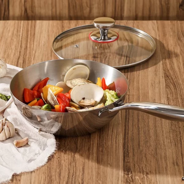 Panela Wok Tripla de Aço Inoxidável de Pega Única